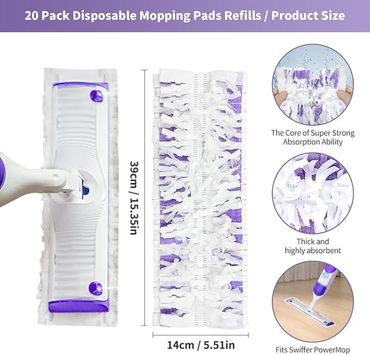 20 Pack Disposable Mopping Pads Refills for Swiffer PowerMop Multi-Surface & Wood Mops, Spray Clean Pads Replacement for Floor Cleaning（Purple Without Handle）