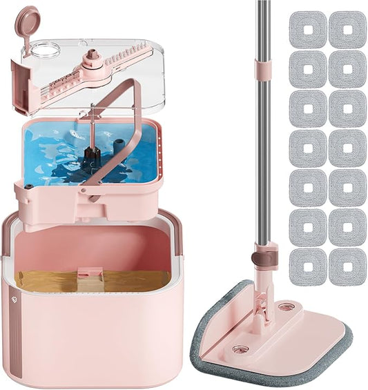 Upgraded Spin Mop and Bucket Self-Standing Mop Bucket Separate Dirty and Clean Water System Self Wringing 360° Rotating & 90° Foldabl Mops and Buckets for Floor Cleaning (Pink, 14Pads)