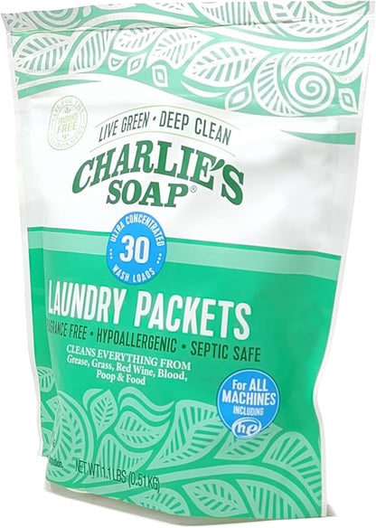 Charlie’s Soap – Fragrance Free Powdered Laundry Detergent Packets – 30 Pods (1 Pack)…
