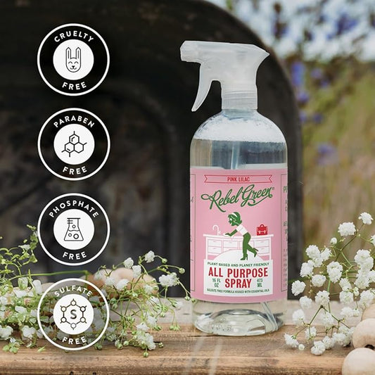 Rebel Green Natural All-Purpose Cleaning Spray - Essential Oil Multi-Surface Cleaner - Kid Safe, Pet Safe & Sustainable Cleaning Products - Pink Lilac (16 Ounce Bottles, 2 Pack)