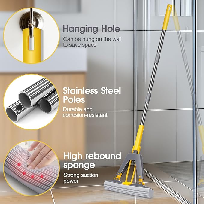 Masthome Sponge Mop,Roller Sponge Mop with 3 Absorbent PVA Mop Refills,Self Squeeze Sponge Mops and Stainless Steel Handle,PVA Sponge Mops for Floor Cleaning