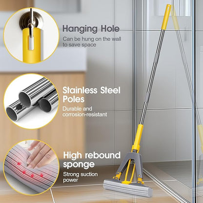 Masthome Sponge Mop,Roller Sponge Mop with 3 Absorbent PVA Mop Refills,Self Squeeze Sponge Mops and Stainless Steel Handle,PVA Sponge Mops for Floor Cleaning