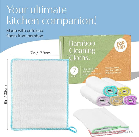 FABTAB High-Performance Bamboo Cleaning Cloths - 7 Pack Reusable & Super Absorbent Towels for Household, Kitchen, and Auto Care | Ideal for Dusting and Vehicle Detailing (Embroidered)