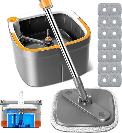 KZKR Spin Mop and Bucket Set with 14 Replaceable Microfiber Mop Pads with Self Separation Dirty and Clean Water System, Self Wringing 360° Rotating Square Mop Head for Hardwood Tile Marble Floors