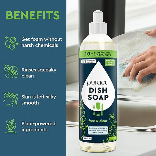 Puracy Natural Dish Soap - Unscented Skin-Softening Plant-Based Dishwashing Soap, Non-Toxic Dish Soap, Fragance Free Organic Liquid Dishwashing Detergent Soap (Free & Clear, 16 fl oz, 3 Pack)