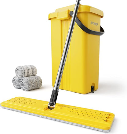 JOYMOOP Heavy Duty Commercial Mops for Floor Cleaning, Wet Dry Mop and Bucket Set with Large Capacity Yellow Mop Bucket, Includes 3 Reusable 17-Inch Microfiber Mop Pads