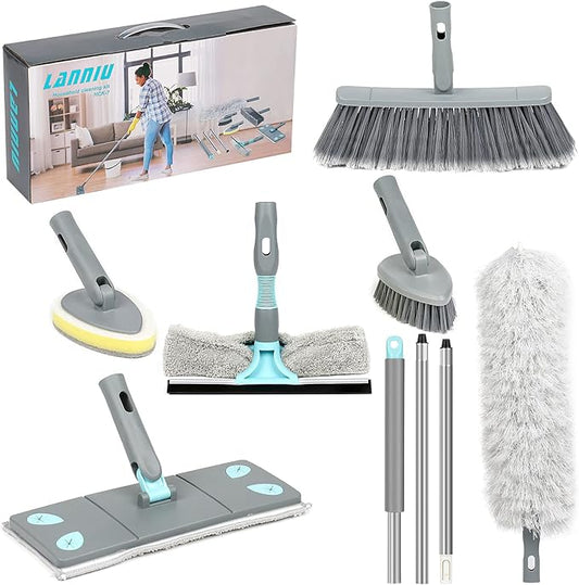 Detachable Broom Mop Combo for House Cleaning, Collapsible Broom and Mop for RV, Home, Dorm, Foldable, Extendable Pole, Fiber Duster, Window Squeegee, Window Scrubber