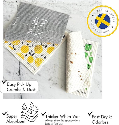 8 Pack Reusable Swedish Dishcloth, for Kitchen and Household Use, Super Absorbency, Made in Sweden, Cellulose Sponge Dish Cloths, Paper Towel Replacement, Plastic-Free Packaging