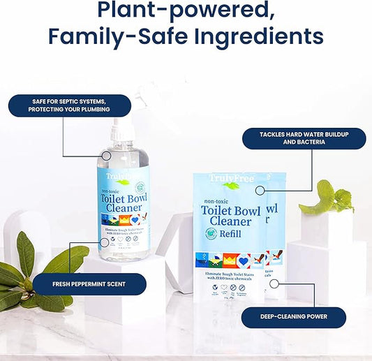Toilet Bowl Cleaner - Heavy-Duty Stain Remover - Septic Safe, Plant-Based Formula - Fresh Peppermint Scent - 1 Refill (3oz) with Empty Refillable Bottle