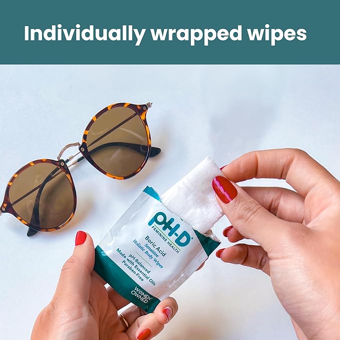 pH-D Feminine Health Support - Boric Acid Wipes - Holistic Body Wipes - Travel Friendly, pH-Balanced, Paraben-Free, and Made with Essential Oils - Sensitive - 20 count