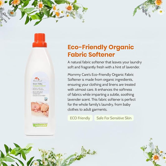 Mommy Care Eco Friendly Organic Fabric Softener - Green Valley Scent – Liquid Laundry Fabric Softener Safe for Babies and Sensitive Skin – Natural Ingredients 33.8 fl.oz