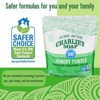 Charlie's Soap Hypoallergenic Laundry Powder 8lb Bag, Pack of 2, 600 Loads Total, Deep Cleaning Washing Detergent – Eco-Friendly, Safe, and Effective