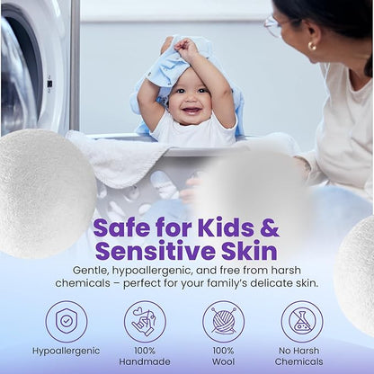 Heaven's Scent Wool Dryer Balls w/Essential Oils Bundle - Reusable, Organic, Handmade & Hypoallergenic XL Size | Eco-Friendly, Natural Fabric Softener | Ocean & Lavender Oil, White
