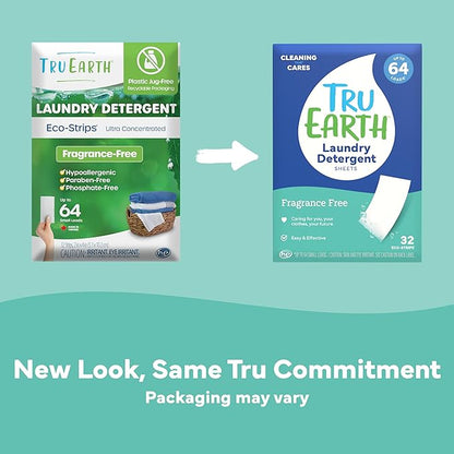 Tru Earth Hypoallergenic, Eco-friendly & Biodegradable Plastic-Free Laundry Detergent Sheets/Eco-Strips for Sensitive Skin, 32 Count (Up to 64 Loads), Fragrance-Free