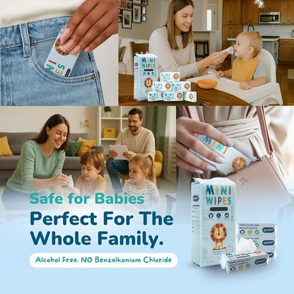 Mini Wet Wipes - Alcohol & Fragrance Free, Safe for Babies & Kids - 16 Bags Total 128 Wipes (Sky Lion)