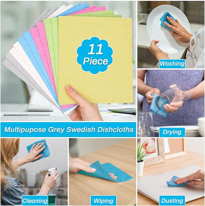 Lucomb 11 Pack Swedish Dish Cloths for Kitchen, Highly Absorbent Reusable Dishcloth Towels Cellulose Sponge Kitchen Rags for Drying Dishes Wiping Surfaces, Dishwasher Safe