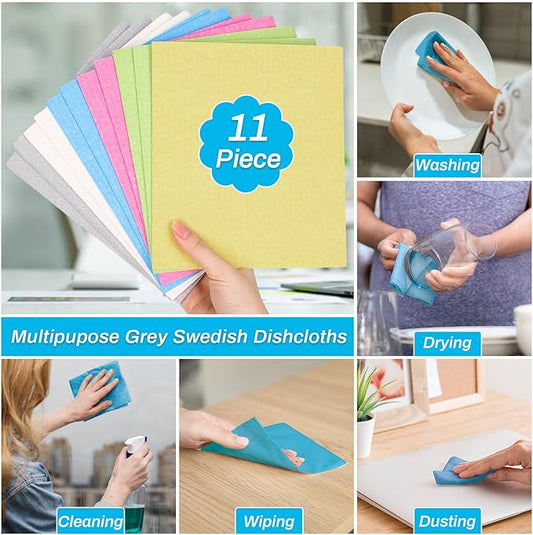 Lucomb 11 Pack Swedish Dish Cloths for Kitchen, Highly Absorbent Reusable Dishcloth Towels Cellulose Sponge Kitchen Rags for Drying Dishes Wiping Surfaces, Dishwasher Safe