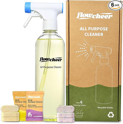 Multi-Purpose Cleaner Starter Kit-Lavender and Lemon Scent all purpose cleaner concentrate,cleaning tablets (6 Refill tablets) with Reusable Bottle Multi-Surface Household Cleaner,6 x17fl oz