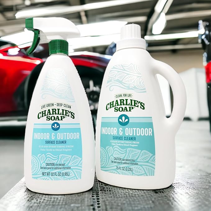 Charlie's Soap Indoor & Outdoor Surface Cleaner Refill (107 Fl. Oz.) Biodegradable Natural Outdoor Cleaning Spray – Safe for Indoor Use (2 Pack - One 32oz Sprayer and One 75oz Refill)