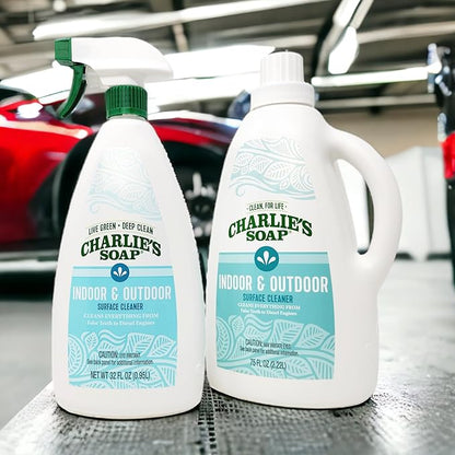Charlie's Soap Indoor & Outdoor Surface Cleaner Refill (107 Fl. Oz.) Biodegradable Natural Outdoor Cleaning Spray – Safe for Indoor Use (2 Pack - One 32oz Sprayer and One 75oz Refill)