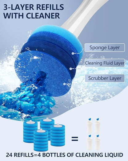 24 Wand Refills and Replaceable Brush Heads Kit for Leebein HK-047 Electric Toilet Brush, Hard Nylon Brush Head and TPU Silicone Brush Head, 24PCS Sponge Pad with Cleaner, Machine Not Included
