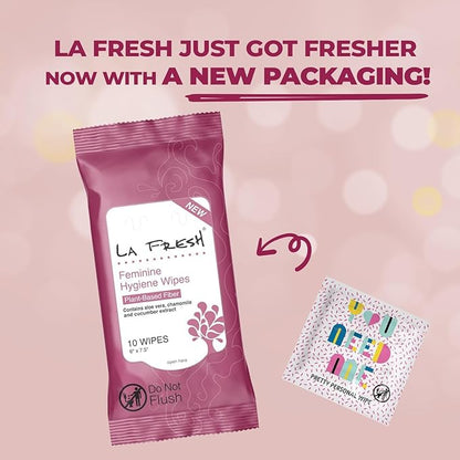 LA Fresh Feminine Wipes with Aloe Vera, Chamomile Extract, Cucumber, and Vitamin E, Pack of 3 10-count Pouches (30-count)
