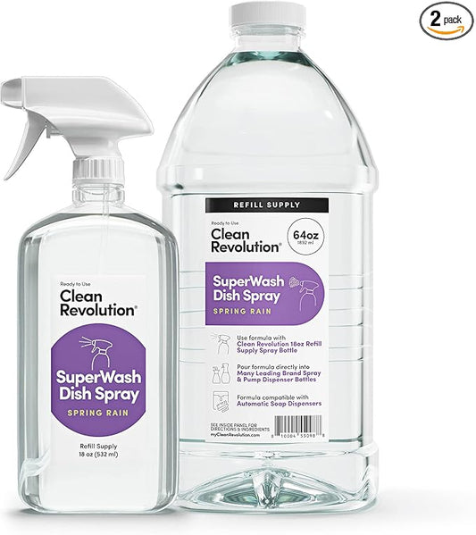 Clean Revolution SuperWash Dish Spray | Starter Kit | Includes 18oz Refillable Trigger Spray Bottle + 64oz Refill Supply | 82oz Total | Compatible with Dawn Powerwash Sprayers | Spring Rain Fragrance