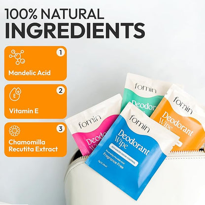 FOMIN Acidified Travel Deodorant Wipes For Women & Men - 30 Count - Citrus Harmony - pH Balanced, Mini Deodorant Travel Size Wipes - Plastic-Free, Individually Wrapped Underarm Body Wipes