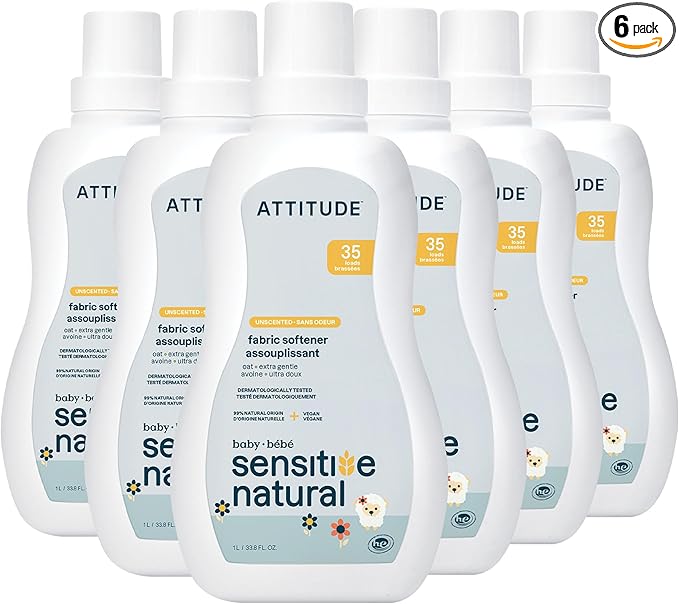 ATTITUDE Baby Fabric Softener for Sensitive Skin, Plant and Mineral-Based Ingredients, Vegan and Cruelty-free Household Products, Unscented, 35 Loads, 33.8 Fl Oz (Pack of 6)