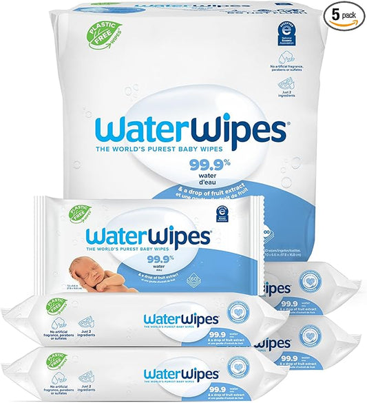 WaterWipes Plastic-Free Original Baby Wipes, 99.9% Water Based Wipes, Unscented & Hypoallergenic for Sensitive Skin, 300 Count (5 packs)