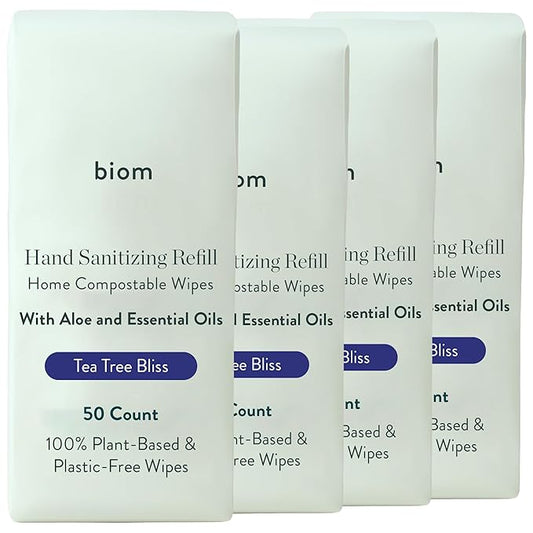 Biodegradable Hand Sanitizing Wipes 4-Pack Refill Kit - Non-Toxic Kid-Safe Wipes | Plant-Based Hand Sanitizer for Home & Travel | All Natural Wet Wipe with Aloe for Soft Skin | Tea Tree Scent