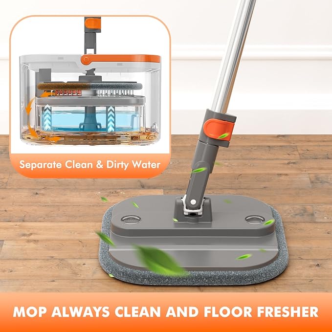 Upgraded Spin Mop and Bucket Set Self-Standing Rod Separate Dirty and Clean Water System Self Wringing 360° Rotating 90° Foldabl for Hard Floor Cabinet Windows Wall（Dark Gray, 6Pads