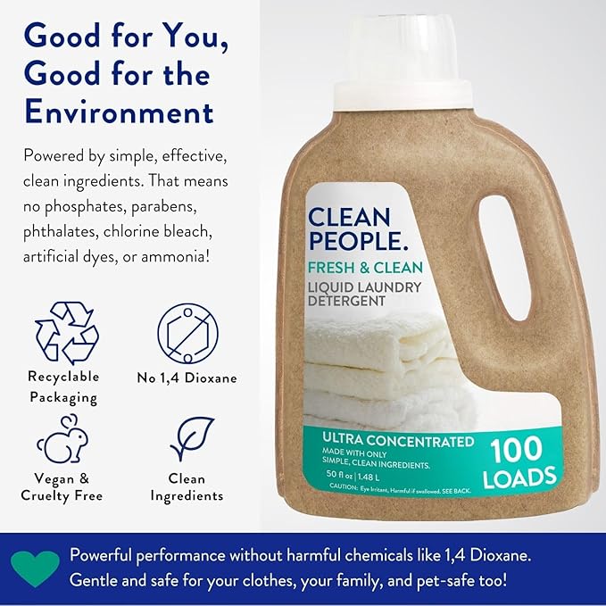 The Clean People Liquid Laundry Detergent - Recyclable Packaging, Stain Fighting - Ultra Concentrated, Laundry Soap - Fresh Scent, 50 fl oz (2 Pack)