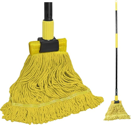 JEHONN Commercial Mop Heavy Duty Industrial String Mops with 57.5 inches Long Handle, Professional Dry Wet Cotton Mop for Cleaning Hardwood Floor Concrete Tile Home Kitchen Office Garage (Yellow)