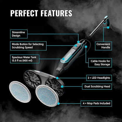 Pursteam ScrubMaster Steam Mop with Dual Scrubbing Head, LED Headlights, Adjustable Steam Control, Anti-Slip Swivel Head, Cable Holder & Upright Lock