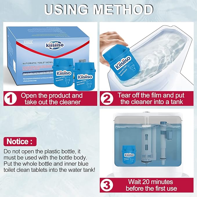 KIISIISO Toilet Bowl Cleaners 6 Bottles, Automatic Long-Lasting Toilet Bowl Cleaner Tablets in Bottle,for About 6 Months' Supply, Blue