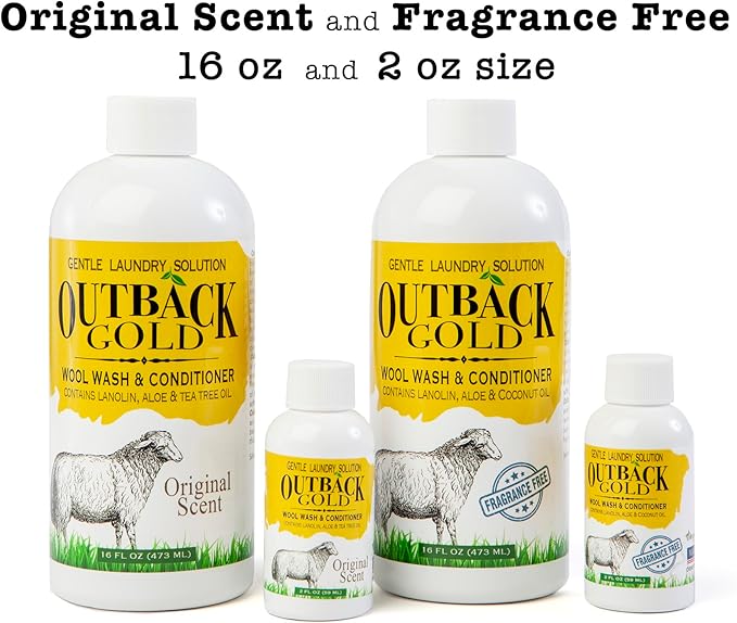 Outback Gold Wool Wash, 16 Oz, HE Compatible, Plant Based, Unscented, Fragrance Free, Neutral pH Laundry Detergent for Wool, Cashmere, Silk, Sheepskin, Baby Items, Mild and Enzyme Free, Made in USA