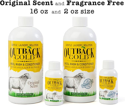 Outback Gold Wool Wash, 16 Oz, HE Compatible, Plant Based, Unscented, Fragrance Free, Neutral pH Laundry Detergent for Wool, Cashmere, Silk, Sheepskin, Baby Items, Mild and Enzyme Free, Made in USA