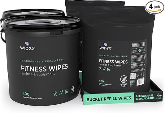 Wipex Gym Wipes for Equipment Bundle – Get 1600 Wipes with (2) Lemongrass & Eucalyptus Buckets & (2) Refill Rolls, Plant-Based Fitness Equipment Wipes, Clean Surfaces & Gear, 400 Count (Pack of 4)