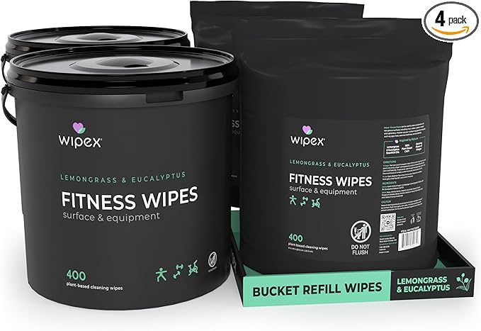 Wipex Gym Wipes for Equipment Bundle – Get 1600 Wipes with (2) Lemongrass & Eucalyptus Buckets & (2) Refill Rolls, Plant-Based Fitness Equipment Wipes, Clean Surfaces & Gear, 400 Count (Pack of 4)