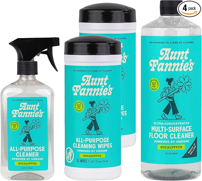 Aunt Fannie's Multi-Surface Vinegar Cleaning Kit: All Purpose Spray, Cleaning Wipes, and Floor Cleaner (Eucalyptus, Cleaning Bundle)