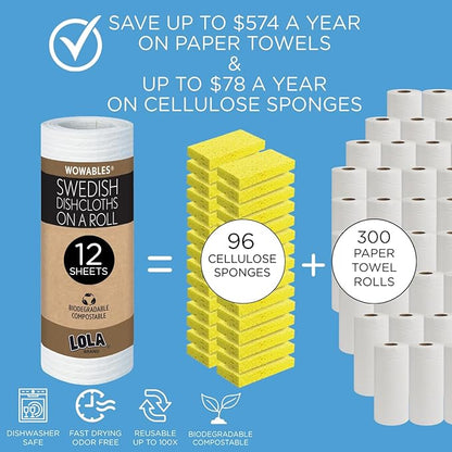 LOLA Swedish Dishcloths on a Roll 12 Pack, Sustainable Cleaning, Cellulose Sponge Cloths, Reusable Paper Towels, 11" x 10" Made in Germany