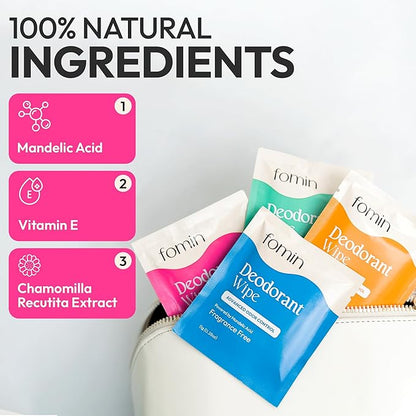 FOMIN Acidified Travel Deodorant Wipes For Women & Men - 50 Count - Patchouli Blossom - pH Balanced, Mini Deodorant Travel Size Wipes - Plastic-Free, Individually Wrapped Underarm Body Wipes