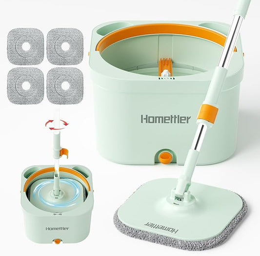 Spin Mop and Bucket with 4 Microfibra Replaceable Mop Pads, Self Separation Dirty and Clean Water System Self Wringing 360° Rotating Square Mop-Head (1 Bucket + 52'' Mop + 4 Microfibra Pads)