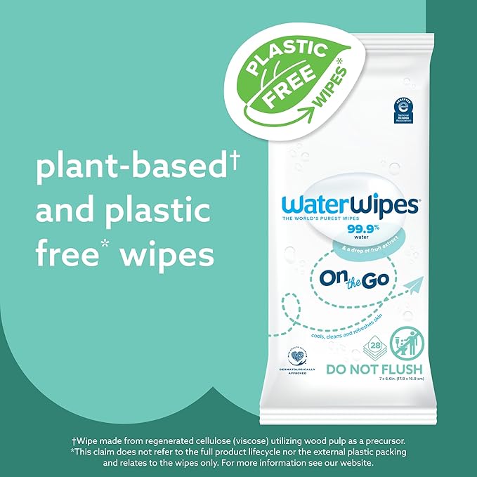 WaterWipes On The Go Wipes, 99.9% Water-Based Wipes for Travel, Sports, and to Refresh Skin, Unscented & Hypoallergenic, 224 Count (8 Packs)