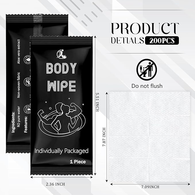 Timgle 200 Pcs Body Wipes Individually Wrapped Bath for Adults Face Hand Deodorant Body Wipes Pearl Pattern Wet Shower with Aloe Bathing Disposable Cleansing for Travel Gym Travel(Black Background)