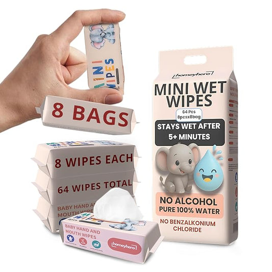 Mini Wet Wipes - Alcohol & Fragrance Free, Safe for Babies & Kids - 8 Bags Total 64 Wipes (Sunset Elephant)