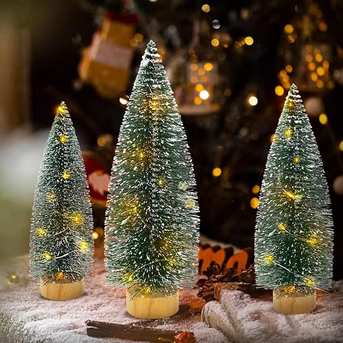 3 PCS Mini Bottle Brush Christmas Trees with Lights, Miniature Tabletop Christmas Tree for Christmas Decorations Indoor, Desktop Pine Tree Xmas Holiday Decor