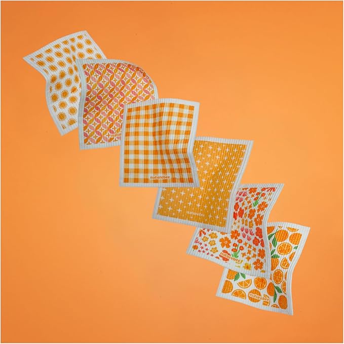 Orange Swedish Sponge Dishcloth Pack of 6 - Reusable, Washable, Odor & Scratch Free, Made with Wood Cellulose & Cotton, Multi-Use for Dishes & Counters, Replaces 17 Rolls of Paper Towel