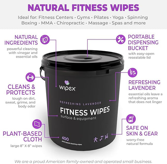 Wipex Gym Wipes for Equipment Bundle - Get 2 Buckets (1) Lemongrass & (1) Lavender Plant-Based Fitness Equipment Wipes, Clean Surfaces & Mats, Safe Gym Cleaner & Peloton Bike, 400 Count (Pack of 2)